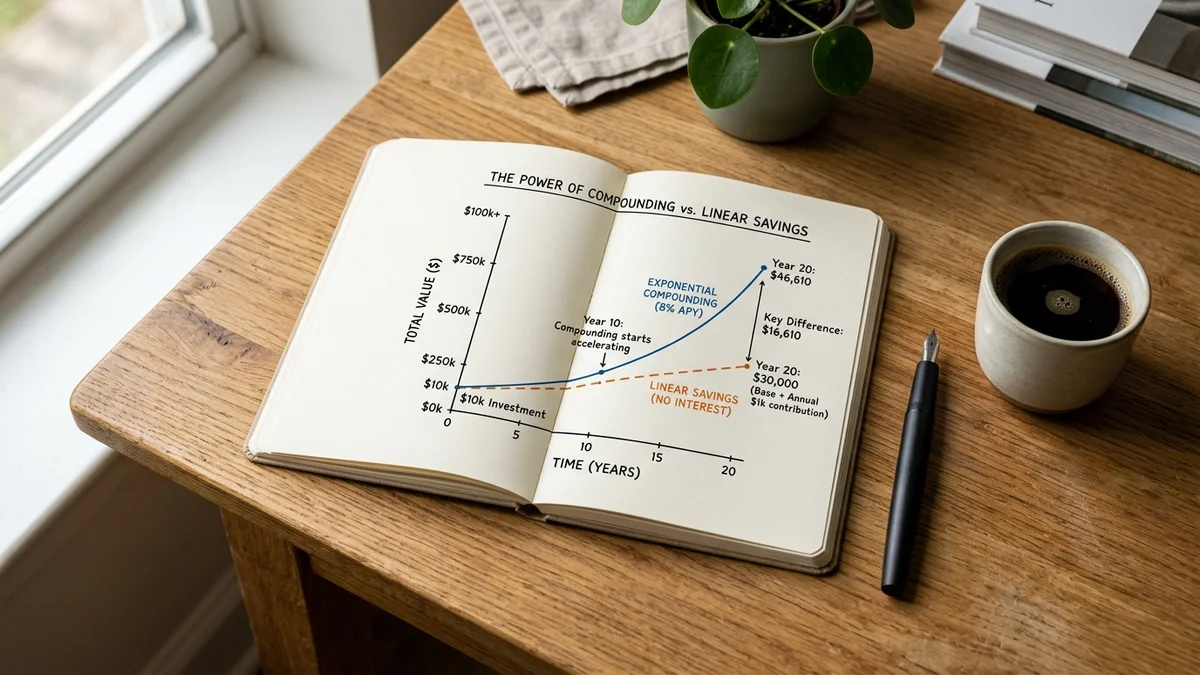 Gráfica conceptual que muestra el efecto multiplicador exponencial del interés compuesto frente al ahorro lineal simple tras 20 años.